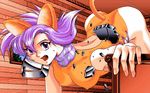  animal_ears armor artist_request blue_sky broken_armor cat_ears cat_tail fang fighting_game furniture hercequary holding house leotard miao_(hercequary) neckerchief open_mouth orange_(color) pc98 purple_eyes purple_hair shattered sky solo swimsuit tail tree wall window 