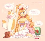  adventure_time animal_ears back_bow bag bishoujo_senshi_sailor_moon blonde_hair blue_eyes blush bmo bow bunny_ears cake_(adventure_time) cat closed_eyes cosplay crown dav-19 dress english fake_animal_ears fionna_the_human_girl huge_bow long_hair open_mouth princess_serenity princess_serenity_(cosplay) smile speech_bubble white_dress 