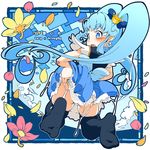  ao_yasai black_legwear blue_eyes blue_hair character_name commentary_request crown cure_princess earrings flower from_behind happinesscharge_precure! jewelry kneeling long_hair looking_at_viewer magical_girl panties petals precure shirayuki_hime solo thighhighs twintails underwear 