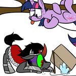  black_hair cape cardboard_box crown crystal cutie_mark equine eye_mist fangs female friendship_is_magic fur green_sclera hair horn karpet-shark king_sombra_(mlp) long_hair male mammal multi-colored_hair my_little_pony purple_fur purple_hair red_eyes stick tongue tongue_out twilight_sparkle_(mlp) two_tone_hair unicorn 