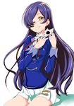  aikatsu! aikatsu!_(series) blue_hair blush brown_eyes clearite hair_over_one_eye highres kurosawa_michiru long_hair looking_at_viewer mole mole_under_eye purple_hair school_uniform simple_background skull smile solo starlight_academy_uniform very_long_hair white_background 