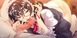  black_hair blue_eyes breasts butcha-u censored cum cum_in_mouth cum_on_hair eyes_closed facial fellatio glasses maid oral penis revenge_room tanaka_shouta 