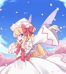  blonde_hair blue_eyes blue_sky blush bow capelet cherry_blossoms cloud day dress fairy_wings hair_bow hat lily_white long_hair long_sleeves looking_at_viewer open_mouth outstretched_arms petals red_bow sidelocks sky solo teeth touhou white_dress white_hat wide_sleeves wings yuuki_(yuyuki000) 