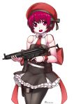  1girl :d beret black_legwear black_skirt bow collared_shirt commentary_request cosplay doll_joints dorothy_(va-11_hall-a) eyebrows_visible_through_hair finalcake girls_frontline gun h&amp;k_mp5 hair_between_eyes hat head_tilt holding holding_gun holding_weapon looking_at_viewer mp5_(girls_frontline) mp5_(girls_frontline)_(cosplay) necktie open_mouth pantyhose pink_eyes pink_hair red_bow red_hat red_neckwear robot_joints shirt short_hair skirt sleeveless sleeveless_shirt smile solo standing submachine_gun va-11_hall-a weapon white_background wing_collar wrist_cuffs 
