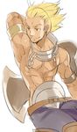  abs arm_behind_head armlet armpits axe bad_id bad_pixiv_id belt blonde_hair brown_eyes chest collar fire_emblem fire_emblem:_kakusei hairband hyakuhachi_(over3) male_focus muscle shield shirtless simple_background sketch smile solo tan weapon white_background wyck 