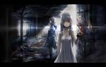  6th_gate blood chain cuffs dress grey_hair long_hair multiple_girls short_hair skirt toi_(number8) white_dress 