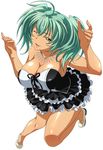  1girl breasts dark_skin dress green_eyes green_hair ikkitousen jewelry large_breasts looking_at_viewer necklace official_art ryofu_housen simple_background smile solo standing twintails white_background wink 