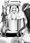  4girls absurdres admiral_(kantai_collection) ahenn bodysuit cape folded_ponytail food greyscale highres inazuma_(kantai_collection) kantai_collection monochrome multiple_girls nagato_(kantai_collection) pot rice shimakaze_(kantai_collection) shinkaisei-kan soup tenryuu_(kantai_collection) thighhighs triangle_mouth wo-class_aircraft_carrier 