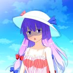  alternate_costume bow breasts camisole cato_(monocatienus) chestnut_mouth cleavage collarbone commentary_request contemporary day empty_eyes frills hair_bow hat long_hair medium_breasts open_mouth patchouli_knowledge purple_eyes purple_hair sky solo spaghetti_strap striped sun_hat touhou trembling triangle_mouth vertical_stripes 