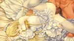  1girl alice_soft bare_shoulders bed blonde_hair blush breasts censored elbow_gloves eyes_closed game_cg gloves highres leg_up legs long_hair lying no_panties open_mouth penis pussy rance09:_the_helman_revolution sex siera_helman small_breasts thighs vaginal white_legwear 