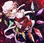  ascot blonde_hair crystal demon_wings flandre_scarlet flower from_behind gensou_aporo hat hat_ribbon holding holding_weapon laevatein leaning_back looking_back petals puffy_short_sleeves puffy_sleeves red_eyes red_footwear red_ribbon ribbon rose rose_petals shoes short_sleeves side_ponytail smile socks solo touhou vampire weapon white_legwear wings wrist_cuffs 