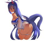  1girl :/ absurdres animal_ears ass blue_hair blush breasts brown_eyes closed_mouth cropped_legs dress dress_pull eyebrows_visible_through_hair from_side hair_between_eyes highres hishi_amazon horse_ears horse_tail large_breasts leaning_forward long_hair long_sleeves looking_at_viewer off_shoulder ohihil panties panty_pull sailor_dress simple_background solo tail tan umamusume underwear v-shaped_eyebrows very_long_hair white_background white_dress white_panties 