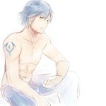  abs arm_rest bare_shoulders blue_eyes blue_hair collarbone fire_emblem fire_emblem:_kakusei krom leaning leaning_forward looking_at_viewer male_focus markings pants shirtless sitting sketch smile solo tusia white_background 