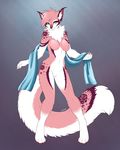  ajna anthro blue_eyes breasts chest_tuft feline female flower fluffy fur hair looking_at_viewer mammal markings navel nude paws pink_fur short_hair solo tuft 
