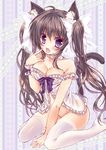  animal_ears babydoll bad_id bad_pixiv_id black_hair bottomless bow bow_babydoll breasts cat_ears cat_tail cleavage highres honoka_chiffon lace lace-trimmed_thighhighs medium_breasts no_panties open_mouth original purple_bow purple_eyes sitting tail thighhighs tongue tongue_out twintails wariza white_babydoll white_legwear 