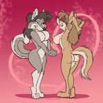  anthro black_nose breasts butt canine clasped_hands cute duo ear_piercing eye_lashes eyebrows eyelashes female fluffy frazzle fur grey_fur hair hands_behind_head hindpaw long_hair looking_at_viewer mammal paws piercing pink_background plain_background pose skinny smile stretching wolf 