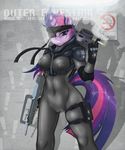  anthro anthrofied breasts camel_toe cigarette crossover english_text equine eye_patch eyewear female friendship_is_magic gloves gun hair headband holding horn looking_at_viewer mammal metal_gear my_little_pony navel nipples purple_eyes purple_hair ranged_weapon sign solo swissleos text twilight_sparkle_(mlp) unicorn weapon 