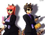  anthro breasts cheetah clothed clothing dildo duo ed_edd_n_eddy eyewear feline female glasses gun hair long_hair male mammal plain_background plank plank_(character) plankboy ranged_weapon red_hair security sex_toy shadow weapon white_background 