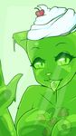  anthro big_breasts breasts bust cat cherry drippy feline female food glowing glowing_eyes goo green_background green_eyes green_goo hands jello kiwi_(fruit) looking_at_viewer mammal nude open_mouth plain_background screen slime smile solo spoon strawberry tangerine_(fruit) tongue tongue_out whipped_cream zyira 