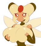  big_breasts blush breasts female insect jcdr looking_at_viewer nintendo plain_background pok&#233;mon pok&eacute;mon red_sclera solo vespiquen video_games white_background yellow_eyes 