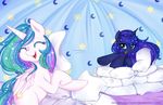  blue_fur blue_hair cutie_mark equine female feral friendship_is_magic fur hair horn horse laugh long_hair mammal multi-colored_hair my_little_pony omgproductions pillow pillow_fight pillow_fort pony princess_celestia_(mlp) princess_luna_(mlp) smile white_fur winged_unicorn wings young 