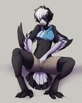  avian bird black_feathers breasts eyes_closed female fingering hair hand_in_pants jailbird magpie masturbation pussy_juice solo spread_legs spreading under_boob vaginal white_hair wings 