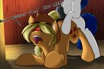  adnarai all_fours animal_genitalia applejack_(mlp) blindfold blonde_hair blue_hair cowboy_hat cum cum_drip cum_on_back cum_on_floor cutie_mark dialog dripping dripping_cum duo equine female feral friendship_is_magic fur hair hat hooves horse horsecock hot_dogging long_hair male mammal my_little_pony open_mouth orange_fur original_character penis pony precum raised_tail spread_legs spreading standing straight text white_fur 