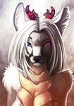  black_nose blue_eyes breasts canine dragon female fox fur glowing glowing_eyes hair heterochromia horn hybrid looking_at_viewer mammal nude red_eyes scalie skyican solo tasanko white_fur white_hair 