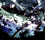  1girl aqua_eyes armor belt black_hair black_rock_shooter chains gauntlets glowing glowing_eye greaves huge_weapon insane_black_rock_shooter long_hair m-da_s-tarou midriff navel rogia shorts solo star sword twintails uneven_twintails weapon 