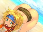  1girl all_fours aqua_eyes ass beach blonde_hair blush braid cloud clouds dutch_angle final_fantasy final_fantasy_x green_eyes hair_ornament headband highres legs long_hair looking_at_viewer midriff no_panties ocean open_mouth outdoors rikku sand skindentation skirt skirt_around_belly sky solo thighs water yoko_juusuke 