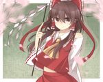  arm_behind_back ascot bow brown_eyes brown_hair cherry_blossoms detached_sleeves gohei hair_bow hair_tubes hakurei_reimu hisaki1118 holding looking_at_viewer lowres nontraditional_miko open_mouth petals red_bow red_skirt short_hair sidelocks simple_background skirt solo touhou vest 