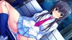  amakura black_hair blush game_cg kuroki_kisame long_hair panties root_nuko seifuku skirt stockings striped_panties thighhighs tie umisora_no_fragments underwear 