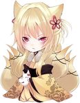  animal_ears asame21 blonde_hair dress fox_ears fox_mask fox_tail frown full_body gen_1_pokemon japanese_clothes kimono long_hair long_sleeves mask multiple_tails ninetales personification pokemon red_eyes solo tail white_background yellow_dress 