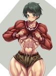  abs breasts extreme_muscles highres kantai_collection mogami mogami_(kantai_collection) muscle purukogi_(plasma_beach) simple_background 