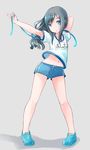  asashio_(kantai_collection) bad_id bad_pixiv_id black_hair blue_eyes blush comah gym_shorts gym_uniform hair_ribbon kantai_collection long_hair midriff navel no_socks ribbon shirt_lift shoes short_sleeves shorts sneakers solo wind wind_lift 