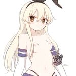  anchor_hair_ornament bad_id bad_pixiv_id blonde_hair blush bow brown_eyes flat_chest gloves hair_bow hair_ornament kantai_collection long_hair navel nipples pokonti shimakaze_(kantai_collection) solo topless white_background white_gloves 