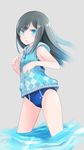  asashio_(kantai_collection) bad_id bad_pixiv_id black_hair blue_eyes blue_swimsuit comah competition_swimsuit hood hood_down hoodie kantai_collection long_hair one-piece_swimsuit open_mouth sleeveless sleeveless_hoodie solo swimsuit swimsuit_under_clothes vest water 