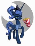  clothing crown english_text equine female feral friendship_is_magic green_eyes hair hairband horn levitation magic mammal my_little_pony popcorn princess_luna_(mlp) raised_leg shaded shirt simple_background smirk solo sparkles text thedrainpipe winged_unicorn wings 