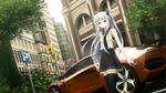  ahoge asakurashinji black_legwear bow car casual ground_vehicle hair_bow hair_ribbon highres lamborghini lamborghini_aventador long_hair looking_at_viewer motor_vehicle one_side_up original parted_lips ribbon silver_eyes silver_hair solo thighhighs walking zettai_ryouiki 