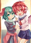  ;d alternate_costume animal_ears blush clothes_around_waist green_eyes green_hair hat highres holding_hands kasodani_kyouko multiple_girls mystia_lorelei niiya one_eye_closed open_mouth pink_hair scarf school_uniform serafuku short_hair skirt smile sweater sweater_around_waist touhou wings 