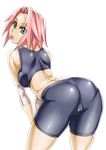  ass ass_focus bike_shorts cameltoe elbow_pads elbow_sleeve from_behind green_eyes haruno_sakura konakona naruto naruto_(series) pink_hair short_hair solo spandex sports_bra 