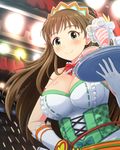  breasts brown_hair cherry corset earrings food from_below fruit gloves green_eyes hand_on_hip ice_cream idolmaster idolmaster_cinderella_girls jewelry large_breasts long_hair looking_at_viewer makihara_shiho nanacsun parfait ponytail smile solo waitress 
