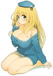  alternate_costume atago_(kantai_collection) beret blonde_hair blue_eyes blush breasts cleavage full_body hand_to_head hat kantai_collection large_breasts long_hair long_sleeves looking_at_viewer no_pants panties ribbed_sweater seiza simple_background sitting solo sweater underwear white_background white_panties zpolice 
