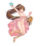 1girl areolae arm_up armpits breasts brown brown_eyes brown_hair emblem feet fire full_body hair linde long_hair medium_breasts nipples nude open_mouth pussy smile solo starfish swimsuit teen very_long_hair 