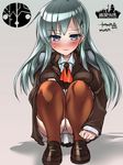  aqua_hair ascot bad_id bad_pixiv_id blue_eyes blush brown_legwear dress_shirt hair_ornament hairclip kantai_collection loafers long_hair panties pantyshot pantyshot_(squatting) shirt shoes skirt smile solo squatting suzuya_(kantai_collection) thighhighs tokita_monta underwear white_panties 