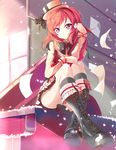  41y_(yooichiwai) boots cross-laced_footwear hat highres instrument long_sleeves looking_at_viewer love_live! love_live!_school_idol_project mini_hat mini_top_hat nishikino_maki piano purple_eyes red_hair sitting solo sore_wa_bokutachi_no_kiseki top_hat 