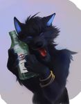  ambiguous_gender beverage black_fur black_hair black_nose blue_eyes bracelet bust canine claws front fur grey_background hair holding jewelry mammal martini_bianco open_mouth orphen-sirius plain_background saliva solo tongue 