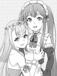  apron blush breast_grab breasts elbow_gloves elf fuji_shinobu gloves grabbing greyscale long_hair looking_at_viewer maid maid_headdress monochrome multiple_girls myucel_foalan outbreak_company petralka_anne_eldant_iii pointy_ears small_breasts smile tiara twintails 