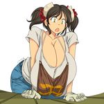  :o animal_print breast_squeeze breasts brown_hair cleavage cow_horns cow_print denim gigantic_breasts gloves hataraki_ari horns jeans leaning_forward open_mouth original pants short_hair simple_background solo sukimi twintails white_background yellow_eyes 