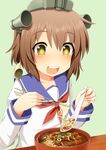  bad_id bad_pixiv_id bangs beef blush bowl brown_eyes brown_hair chopsticks dress food hair_ornament kantai_collection noodles open_mouth ramen sailor_dress short_hair smile solo spoon sudo_shinren yukikaze_(kantai_collection) 